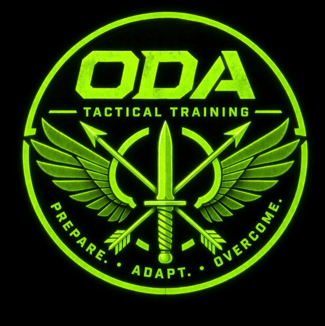 Glowing green ODA Tactical Training emblem with sword, arrows, and wings.