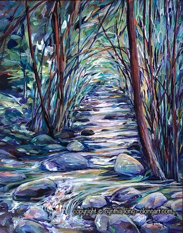 Magic woods, lavender, green, blue, rocks in creek