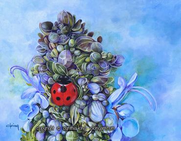 close up, lady bug, rosemary, red and blue, macro, fairy tale, blue flowers, jewels