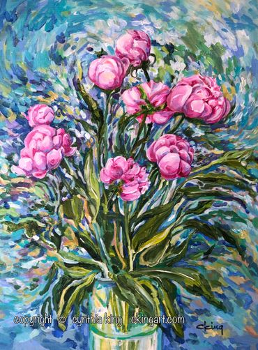 Peonies,pink flowers, purples and blues, glass vase, cheery, peaceful