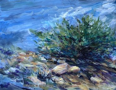Plein Aire, Juniper tree, high desert, rocks, Joshua Tree, blue sky