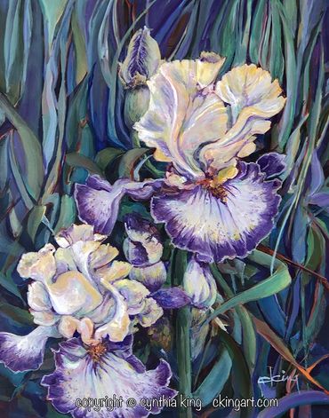  Bi-colored Irises, garden art,  Yellow, Purple.