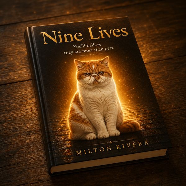 Book titled 'Nine Lives' featuring a cat on the cover.