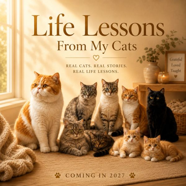 Promotional image for "Life Lessons From My Cats" featuring nine cats.