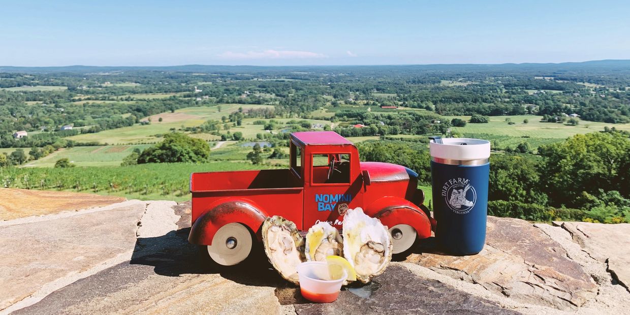 Toy pick up truck next to a cup and oysters overlooking the mountains
