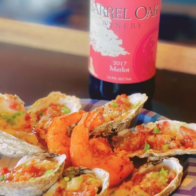 Wine and charbroiled oysters + shrimp