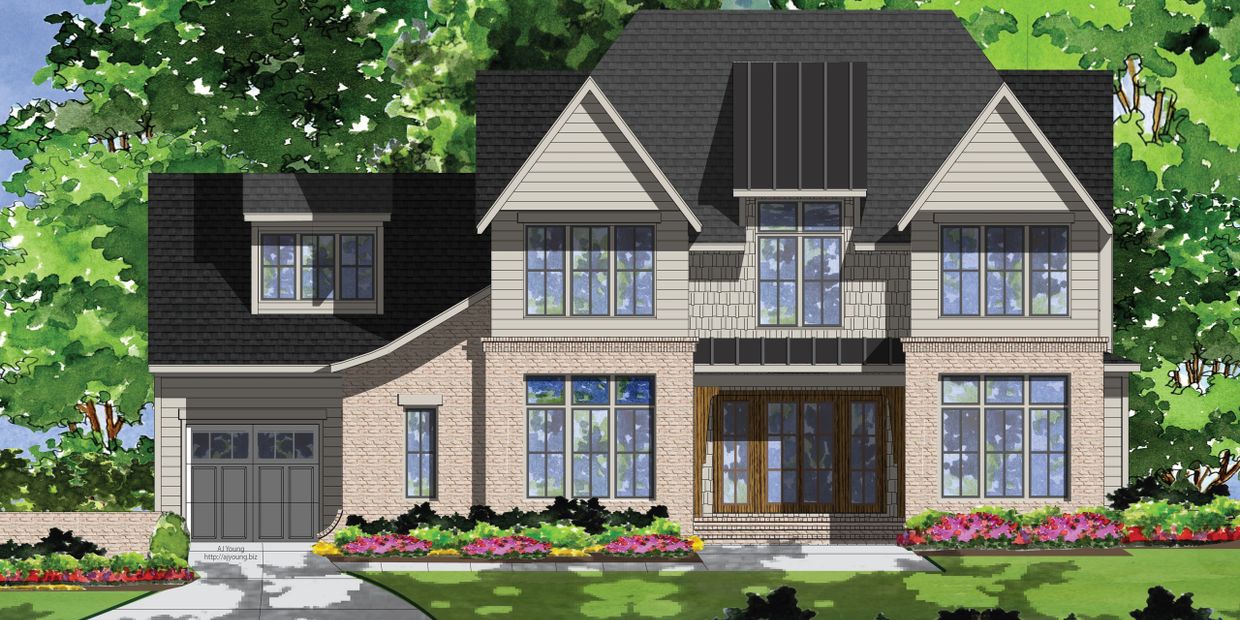 Modern two-story house with large windows and a landscaped front yard.