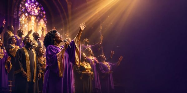 A choir singing passionately in a church.