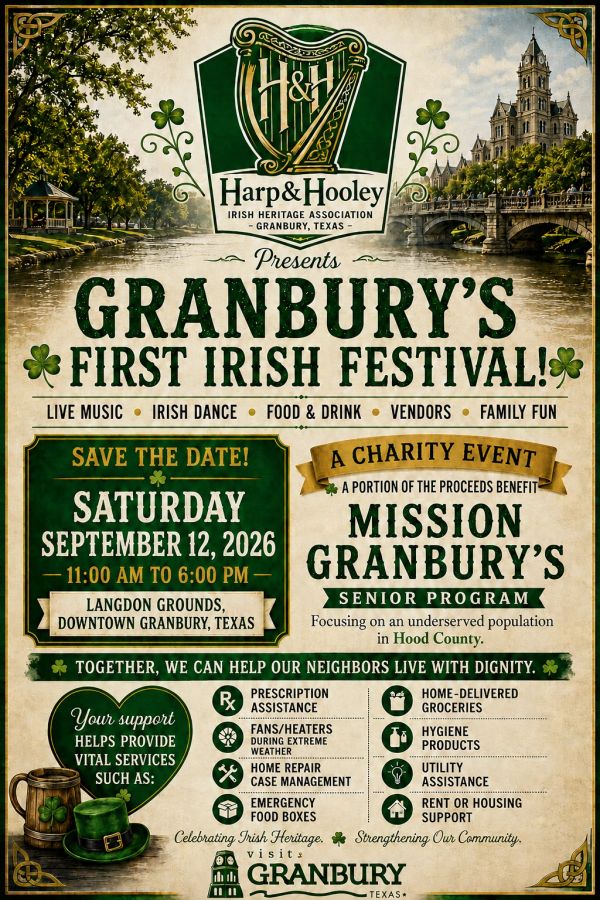 Poster for Granbury's first Irish festival with event details and community aid info.