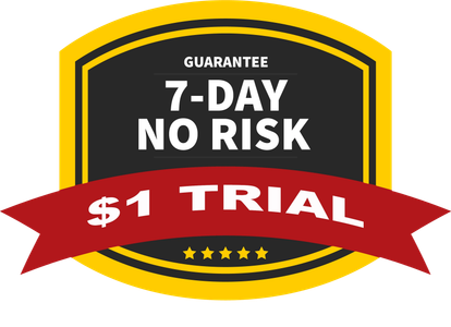 Badge advertising a 7-day no risk $1 trial guarantee.