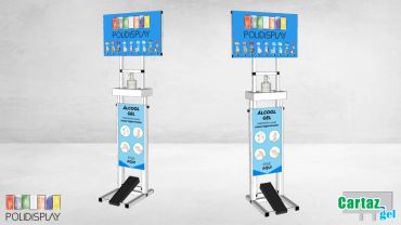 Suporte álcool em gel com comunicação personalizada e acionamento por pedal e regulagem de altura.