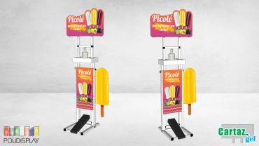 Suporte álcool em gel com comunicação personalizada e acionamento por pedal e regulagem de altura.