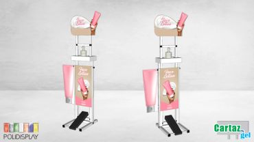 Suporte álcool em gel com comunicação personalizada e acionamento por pedal e regulagem de altura.