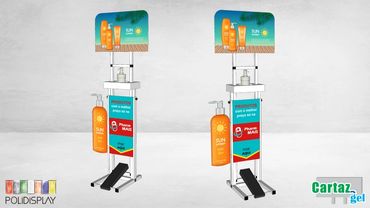 Suporte álcool em gel com comunicação personalizada e acionamento por pedal e regulagem de altura.