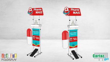 Suporte álcool em gel com comunicação personalizada e acionamento por pedal e regulagem de altura.