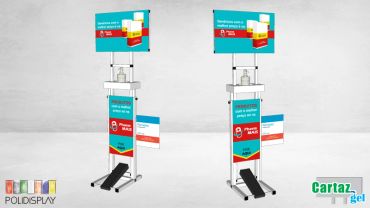 Suporte álcool em gel com comunicação personalizada e acionamento por pedal e regulagem de altura.
