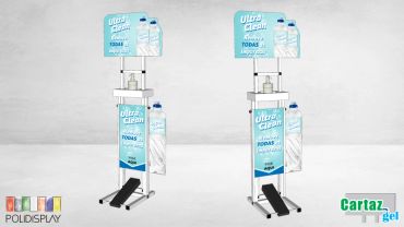 Suporte álcool em gel com comunicação personalizada e acionamento por pedal e regulagem de altura.