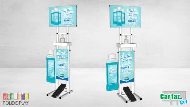 Suporte álcool em gel com comunicação personalizada e acionamento por pedal e regulagem de altura.