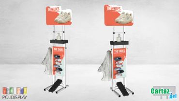 Suporte álcool em gel com comunicação personalizada e acionamento por pedal e regulagem de altura.