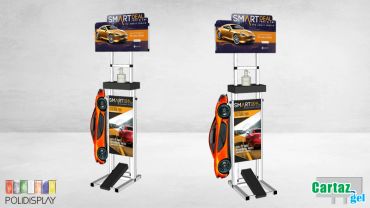 Suporte álcool em gel com comunicação personalizada e acionamento por pedal e regulagem de altura.