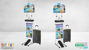 Suporte álcool em gel com comunicação personalizada e acionamento por pedal e regulagem de altura.