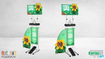 Suporte álcool em gel com comunicação personalizada e acionamento por pedal e regulagem de altura.