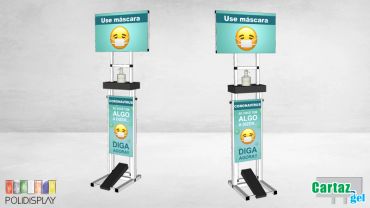 Suporte álcool em gel com comunicação personalizada e acionamento por pedal e regulagem de altura.
