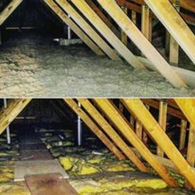 Before and after installing insulation in an attic.