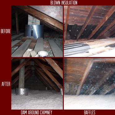 Before and after installing baffles and dam around chimney in attic. 