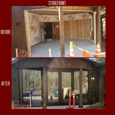 Before and after, storefront system installation.