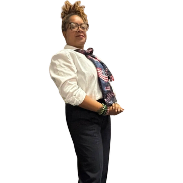 Person in formal attire with a patriotic tie and bracelets.
