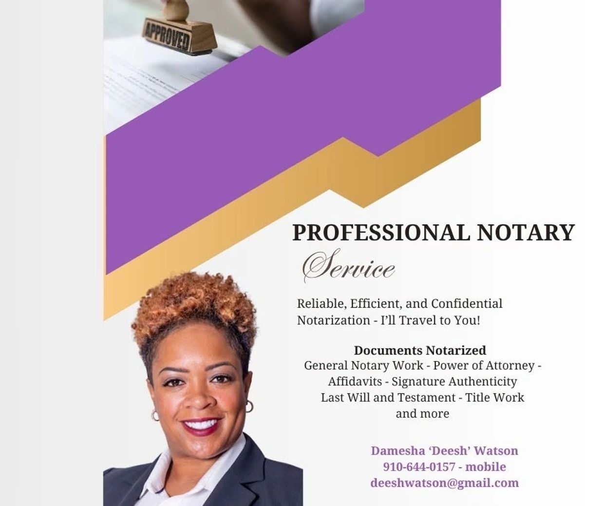 Professional notary service by Damesha Watson offering mobile notarization.