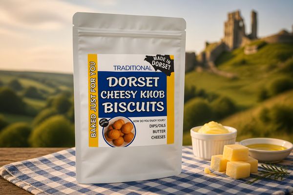 Traditional Dorset Cheesy Knob Biscuits in a scenic outdoor setting.
