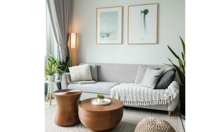 Cozy living room with a gray sofa, wooden tables, and minimalist decor.