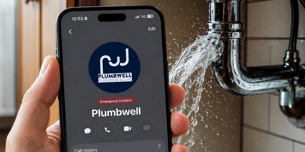 Phone showing emergency contact for Plumbwell during a pipe leak.