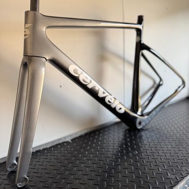 A sleek Cervélo bike frame in metallic silver and black.