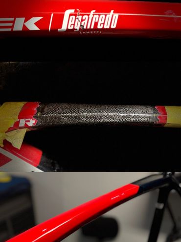 Close-up of a red and black Segafredo Zanetti bike frame before and after repair.