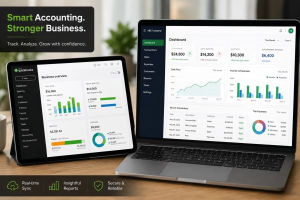 QuickBooks accounting software displayed on tablet and laptop, showing business financial dashboards.