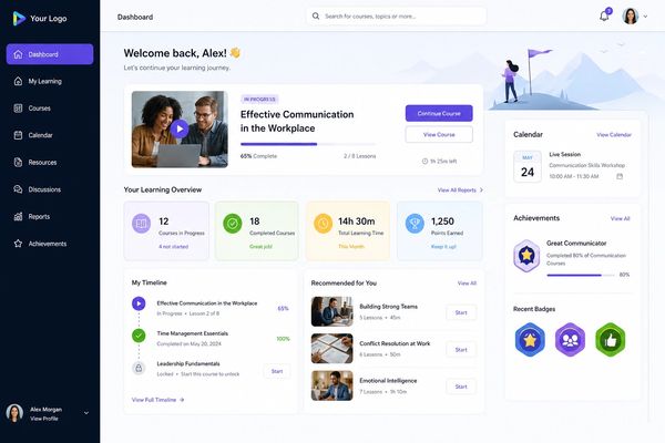 User dashboard showing learning progress, courses, and achievements.