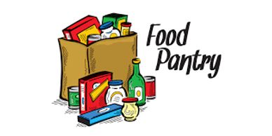 Illustration of a grocery bag with various food items labeled Food Pantry.