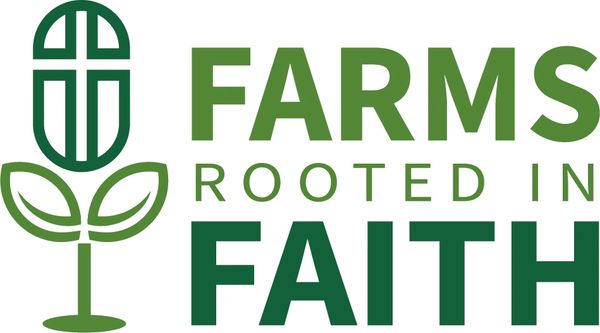 Logo with a corn plant and cross, captioned 'Farms Rooted in Faith'.