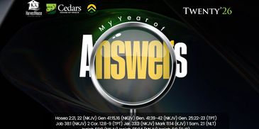 Magnifying glass highlighting the word 'Answers' on a dark background with event details.