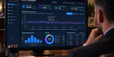 Man analyzing complex data charts on a large monitor.