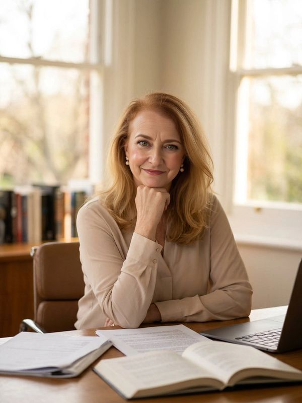 Confident woman sitting at a desk with books and a laptop, smiling.