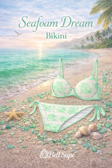 Seafoam Dream bikini set displayed on a sandy beach with shells and sea glass.