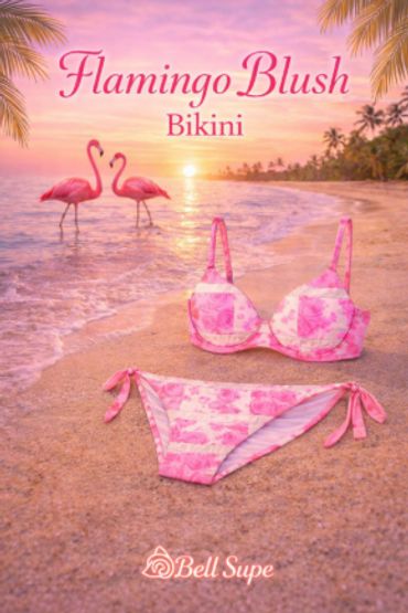 Pink Flamingo Blush bikini on a beach at sunset with flamingos.
