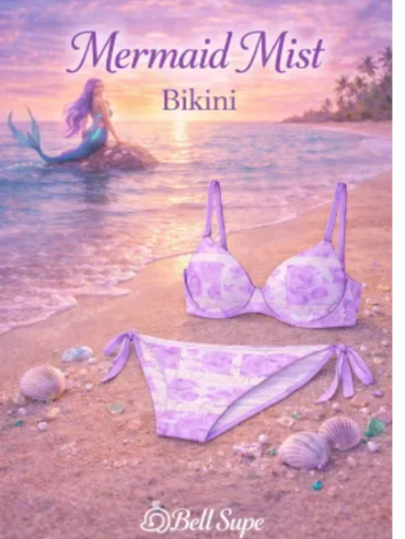 Purple floral bikini on a sandy beach with a mermaid at sunset.