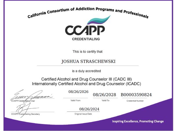 Certification for Joshua Straschewski as a Certified Alcohol and Drug Counselor.