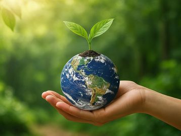 Hand holding Earth with a small plant growing, symbolizing environmental care.