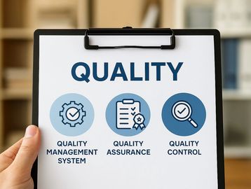 Clipboard showing quality management, assurance, and control icons.